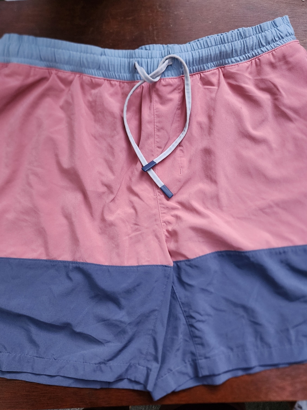 Faherty Shorelite 7" Colorblock Swim Trunks Pink Blue Lined